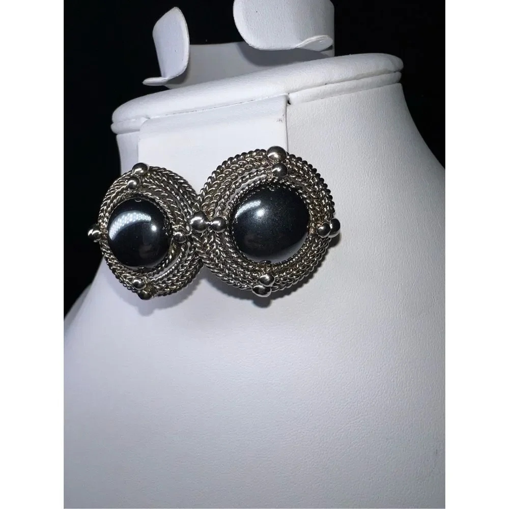 Vintage Silver Tone Rope Cabochon Chunky Stud Earrings